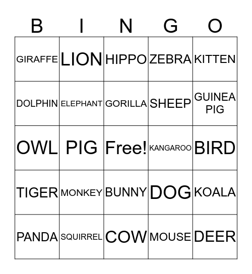 ANIMAL BINGO Card