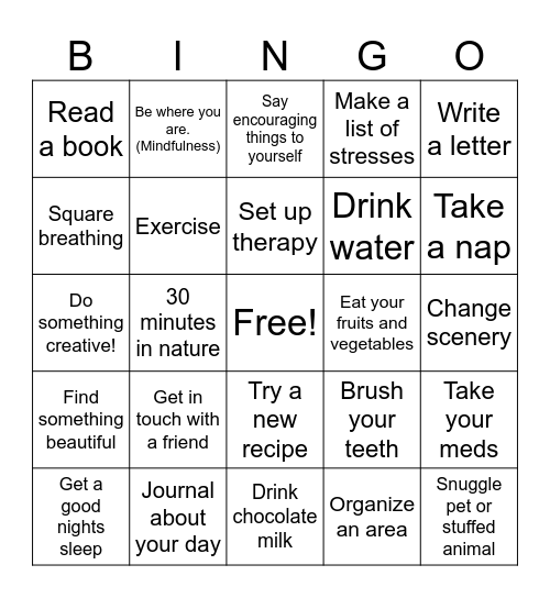 Mental Health BINGO Card