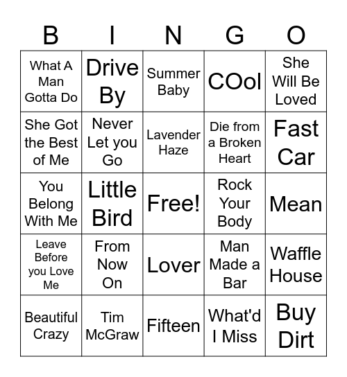 Kinsley's Play List Bingo Card