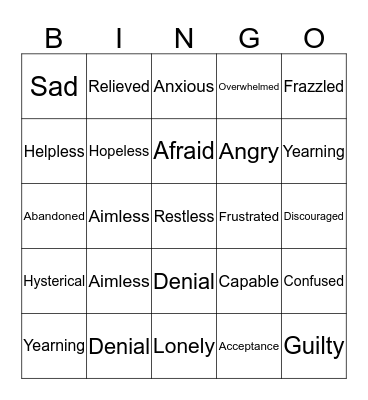Feelings of Grief Bingo Card