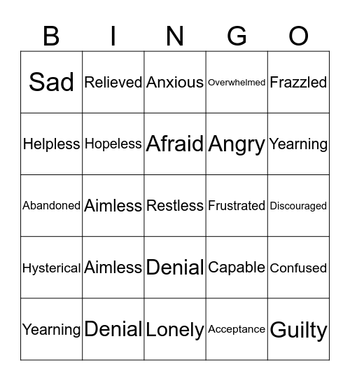 Feelings of Grief Bingo Card