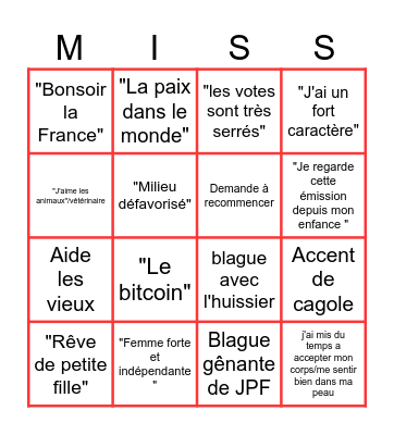 Miss France 2024 Bingo Card