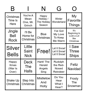 Holiday Music Bingo Card