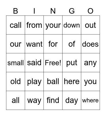 Extension Sight Words Bingo Card