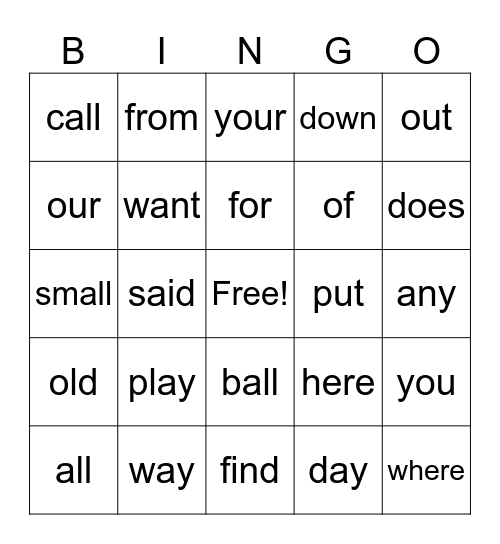 Extension Sight Words Bingo Card
