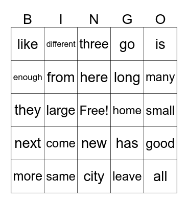 Sight Words Bingo Card