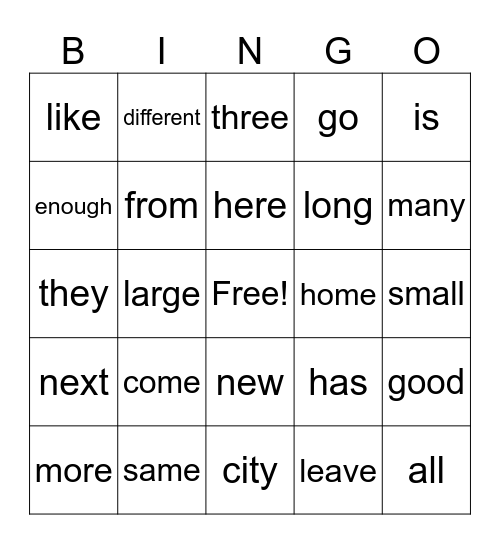 Sight Words Bingo Card
