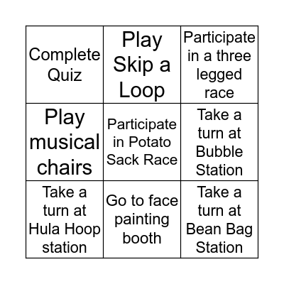 Family Fun Day 2016 Bingo Card