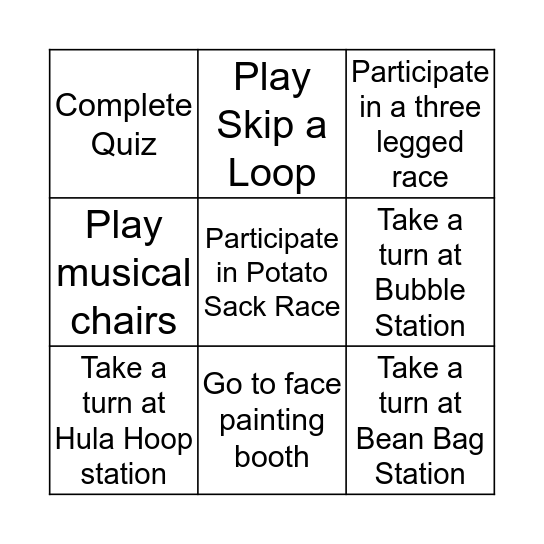 Family Fun Day 2016 Bingo Card