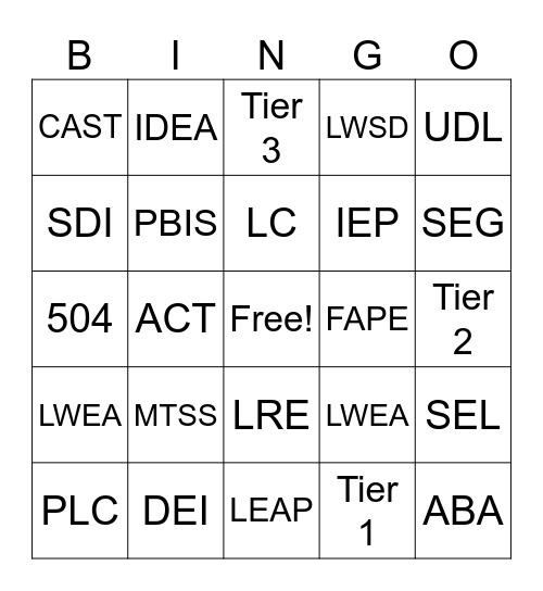 Inclusion Acronym Bingo Card
