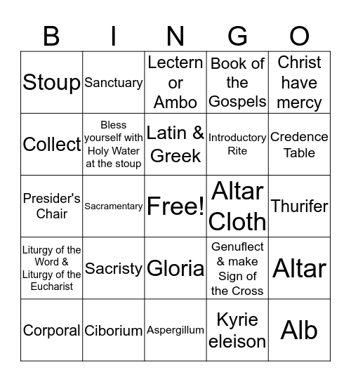 Items at Mass & Introductory Rite Bingo Card