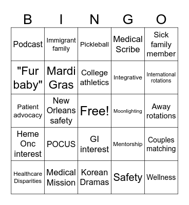 Residency Interview Bingo Card