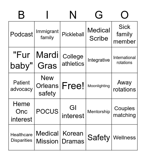 Residency Interview Bingo Card