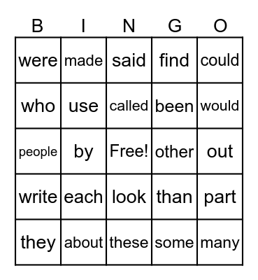 sight words Bingo Card