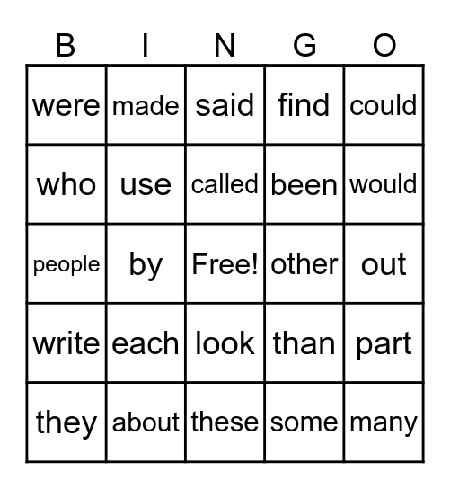 sight words Bingo Card