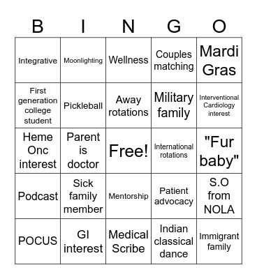 Residency Interview Bingo Card