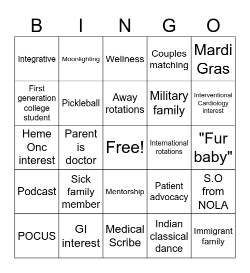 Residency Interview Bingo Card