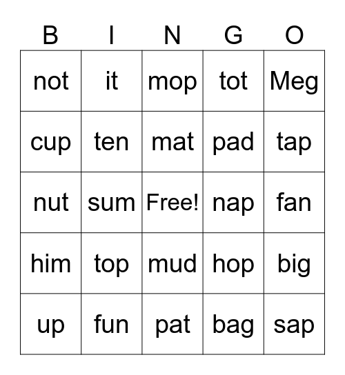 CVC Words Bingo Card