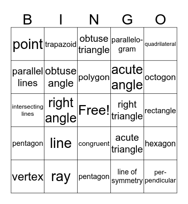 Geometry Vocabulary Bingo Card