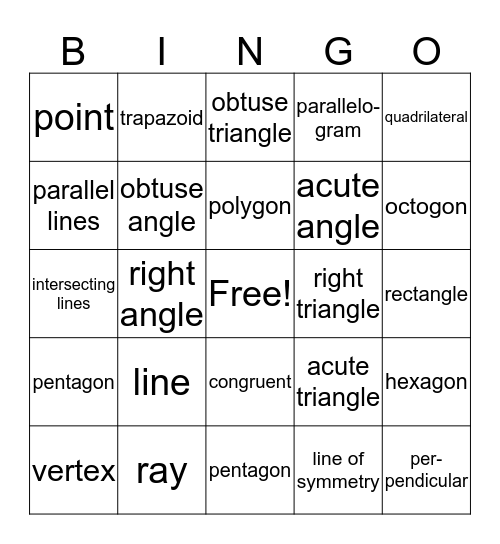 Geometry Vocabulary Bingo Card