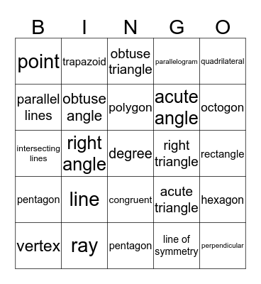 Geometry Vocabulary Bingo Card