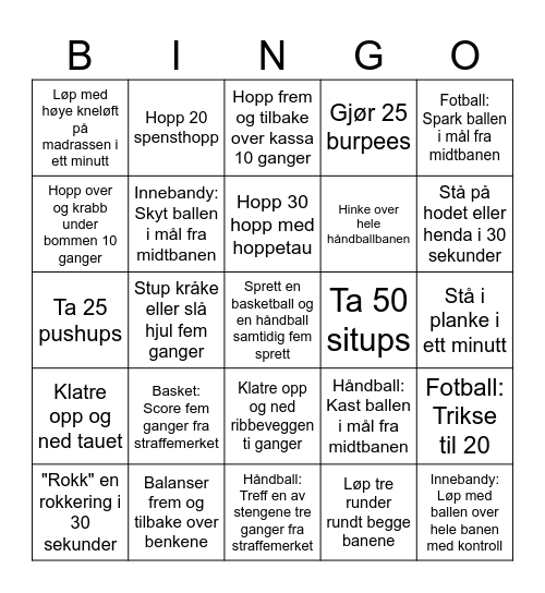 Kroppsøving Bingo Card