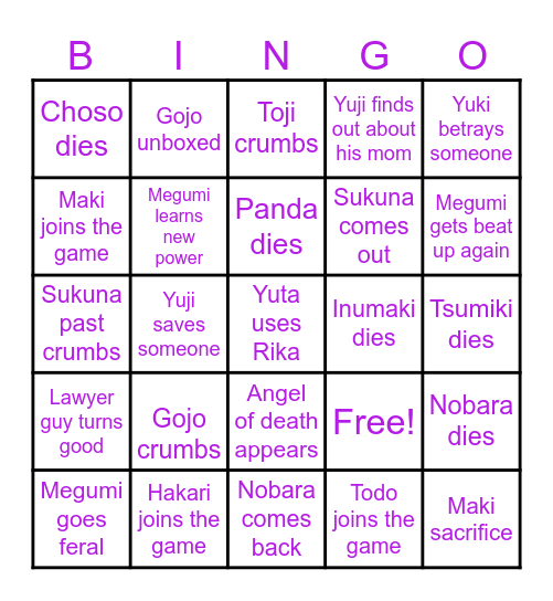 JJK Culling Games Bingo Card