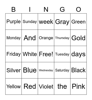 Days of the week, Colors Bingo Card