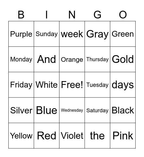 Days of the week, Colors Bingo Card