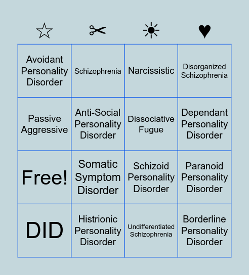 Personality Disorder Bingo Card