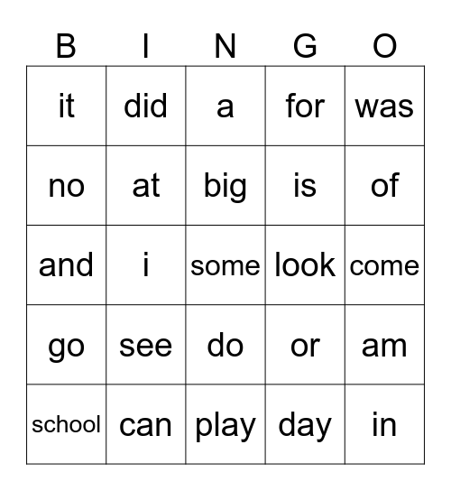 sight words Bingo Card