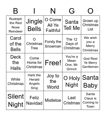 Holiday Songs Bingo Card