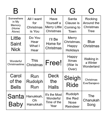 Holiday Song Bingo Card