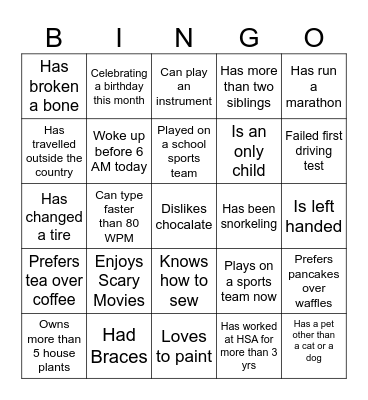 Ice Breaker Bingo Card