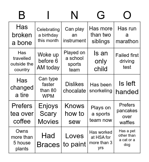 Ice Breaker Bingo Card