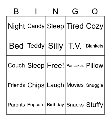 Pajama Day Bingo Card