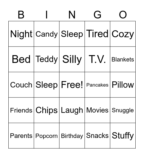 Pajama Day Bingo Card