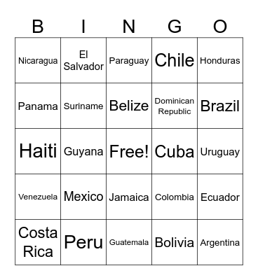 Central and South America Country Bingo Card