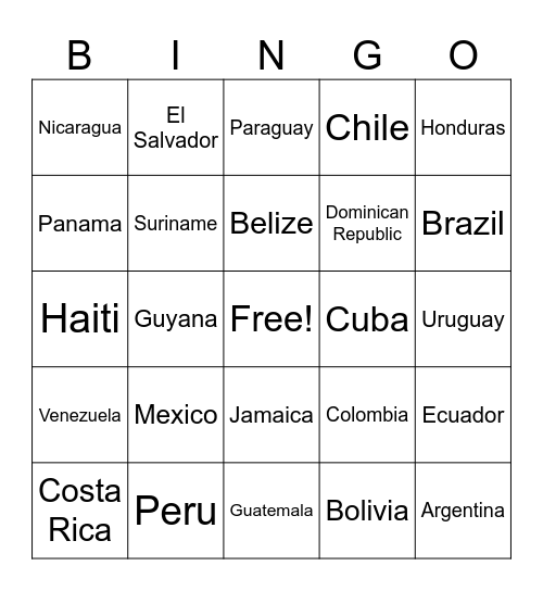 Central and South America Country Bingo Card