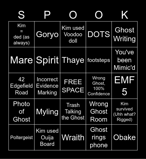 Phasmophobia Bingo Card