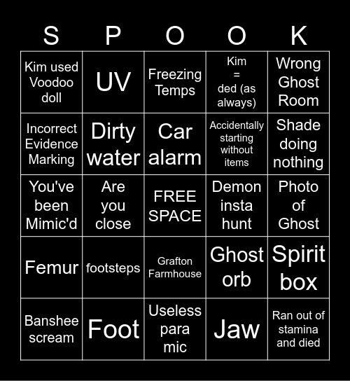 Phasmophobia Bingo Card