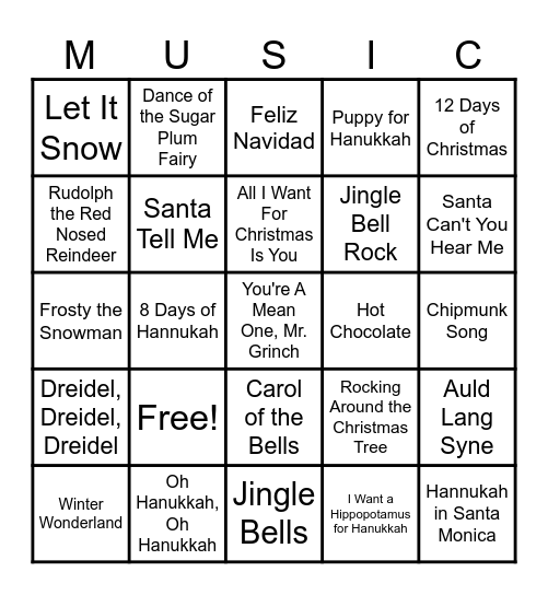 Winter Bingo Songs Bingo Card