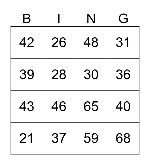 Bingo des nombres 20-69 Bingo Card