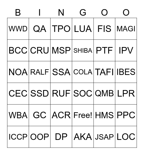 Acronym BINGO Card