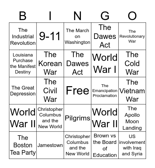 Significant US Events Bingo Card