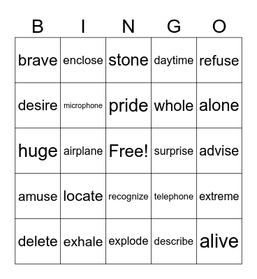 VCe Syllable Bingo Card