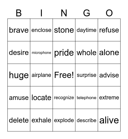 VCe Syllable Bingo Card