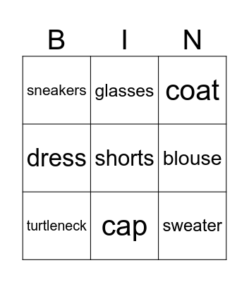 Clothes Bingo Card