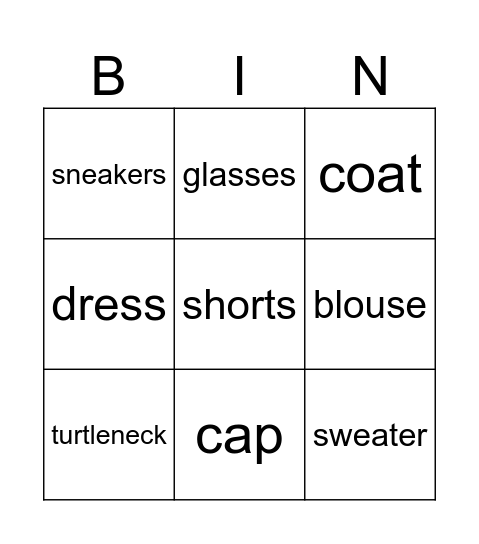 Clothes Bingo Card