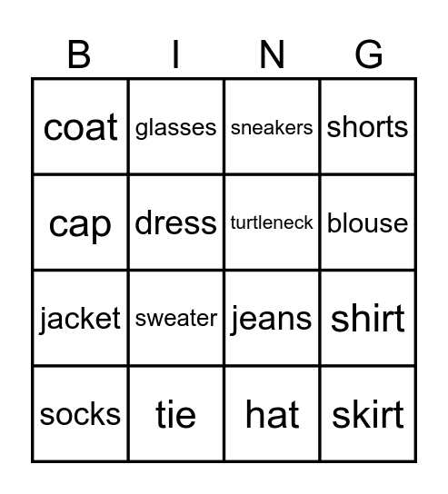Clothing Bingo Card